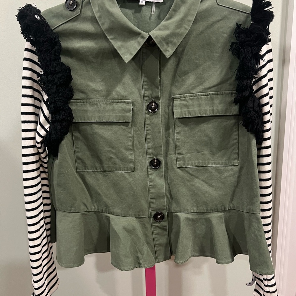 English Factory army green jacket with striped sleeves and black tassels NWOT - Picture 3 of 6